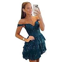 Short Tiered Lace Homecoming Dresses for Teens 2023 Off The Shoulder Sparkly Corset Prom Dress