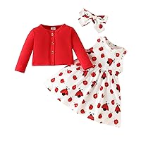 Baby Girls Cute Clothes Ladybug Print Summer A-Line Dress and Casual Long Sleeve Cardigan Headband Set for Beach Party