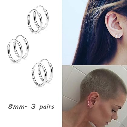Sterling Silver Hoop Earrings for Women Men Girls, Hypoallergenic Cartilage Earring Endless Small Hoop Earrings Set, 3 Pairs Tragus Earrings (8mm/10mm/12mm)
