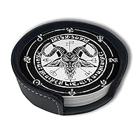 Black Satanic Goat Pentagram Coasters for Drinks with Holder, Leather Coasters Set of 6, Round Cups Mugs Mat Pad for Home Kitchen