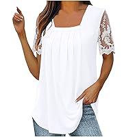 Women Square Neck Summer Blouses Elegant Pleated T-Shirt Sexy Summer Tops Lace Sleeve Shirts Fashion Tunic Top