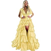 Tiered Tulle Prom Dresses for Women Ruffles V-Neck Ball Gown Formal Evening Gowns Dresses with Slit