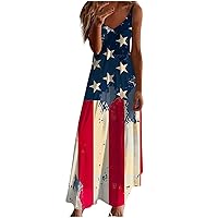 Women 4Th of July Maxi Dress American Flag Flowy Long Sundresses Summer Sleeveless V Neck Patriotic Beach Dresses