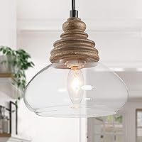 LOG BARN Farmhouse Pendant Lighting Fixture with Wood and Clear Glass for Kitchen Island, Entryway, Foyer, Bedroom, Dining & Living Room, 7 1/2” X 7 1/2” X 7 1/2”