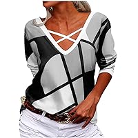 V Neck Shirts Women Sexy Fashion Vintage Geometric Graphic Long Sleeve Pullover Thin Front Crisscross Fall Sweaters