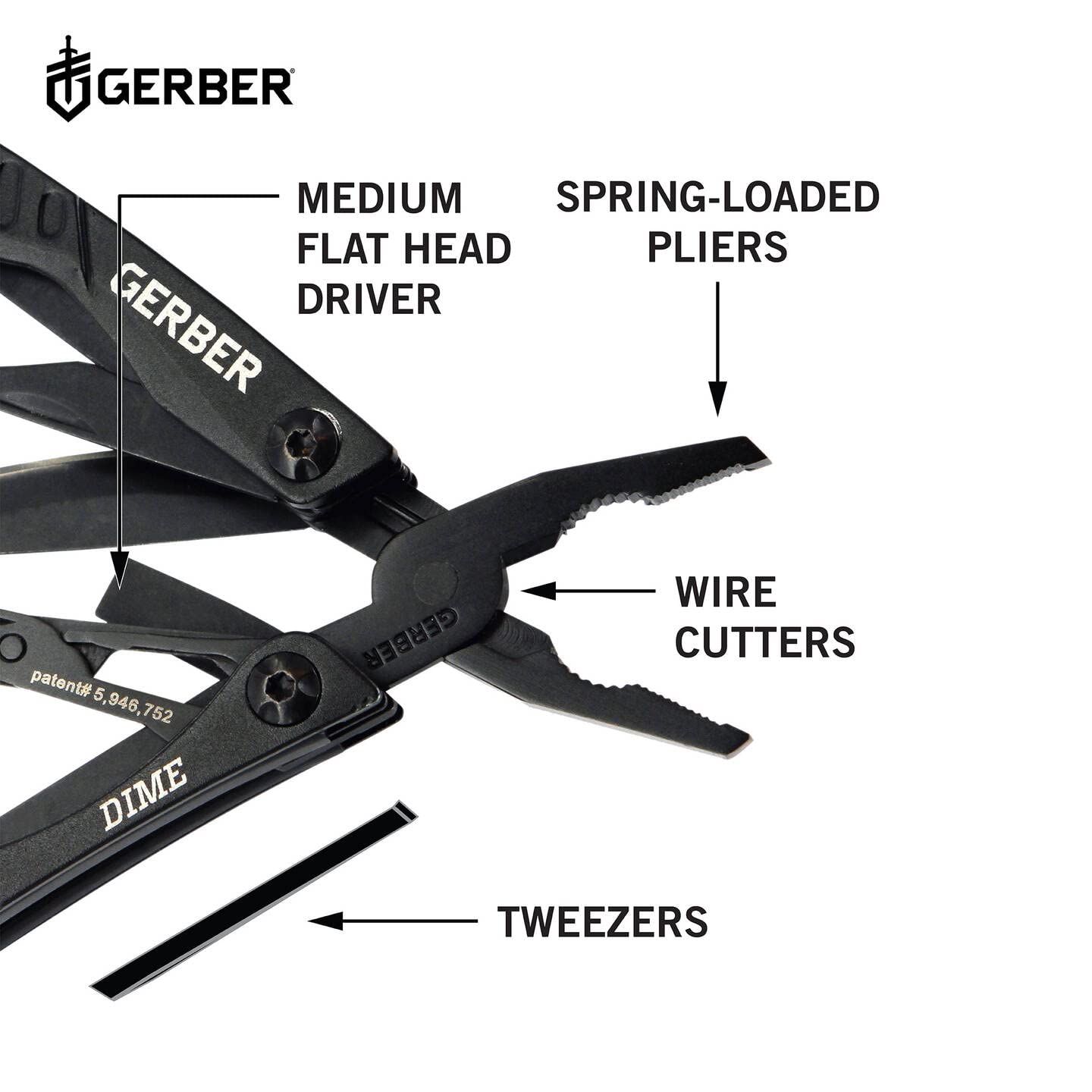 Gerber Gear 30-000469N 12-in-1 Dime Multitool Mini, Needle Nose Pliers Pocket Knife Keychain, Bottle Opener, EDC Gear, Black