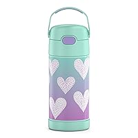 THERMOS FUNTAINER Water Bottle with Straw - 12 Ounce, Purple Hearts - Kids Stainless Steel Vacuum Insulated Water Bottle with Lid