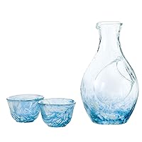 Toyo Sasaki Glass Cold Sake Glass Set, Made in Japan, Blue, Carafe, 10.1 fl oz (300 ml), 1.9 fl oz (55 ml), Set of 3 G604-M70