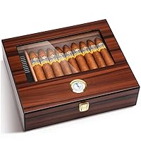 Bald Eagle Cigar Humidor, Glass Top Box with Humidifier Hygrometer, Handmade Desktop Cedar Wood Case Holds 25-30 Cigars