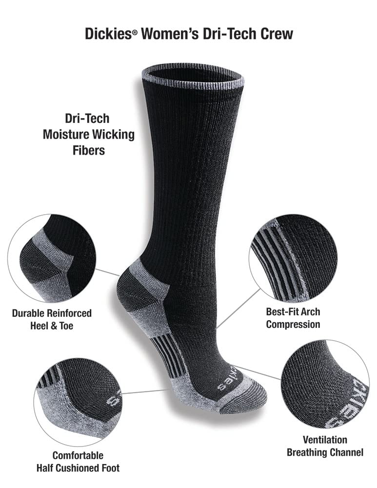 Dickies Women's Dritech Advanced Moisture Wicking Crew Sock (6/12 Packs)
