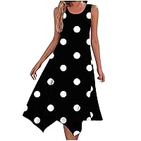 Women's Crewneck Sleeveless Sundress 2024 Casual Flowy Tank Dress Dot Print Loose Swing Dress Beach Tunic Sun Dresses