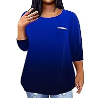 Plus Size Blouses for Women Dressy Casual Plus Size Tops for Women 2024 Color Block Fashion Casual Loose Fit Y2k with 3/4 Sleeve Round Neck Shirts Dark Blue 3X-Large