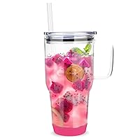 32 oz Drinking Glass Tumbler with Handle, Iced Coffee Cup with Straw and Lid, Reusable Glass Bubble Tea Water Cup With Silicone Bumper, Fits In Cup Holder, Dishwasher Safe, BPA Free, Watermelon
