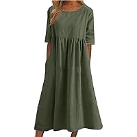 Women's Half Sleeve Linen Maxi Dresses Casual Loose Plus Size Beach Dress for Women with Pockets