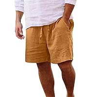 Mens Summer Cotton Linen Casual Shorts Classic Fit Solid Resort Wear Beach Shorts for Men Drawstrings Elastic Waist Short