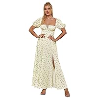 Summer Dresses for Women 2023 Puff Sleeve High Split Floral Print Maxi A-Line Dress