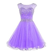 VeraQueen Women's A Line Beaded Homecoming Dress Short Tulle Sleeveless Cocktail Gown Purple