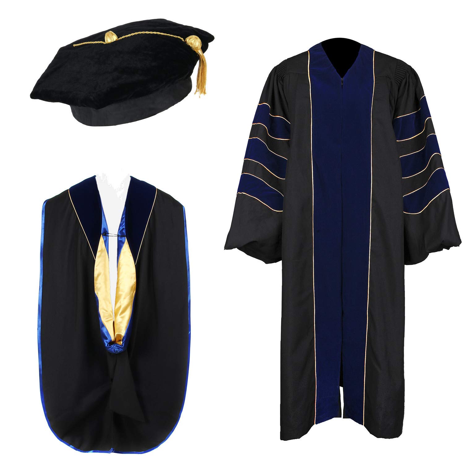 Newrara Unisex Deluxe Doctoral Graduation Gown, Doctoral Hood and Doctoral Tam 8 Sided Package