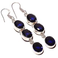 Outstanding jewelry! Blue Tanzanite Quartz HANDMADE Sterling Silver Plated Earriing 2.5