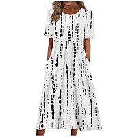 Dresses for Women 2023 Fashion High Waist Printed Short Sleeve Dress Casual Loose Round Neck Pleated Pocket Dress