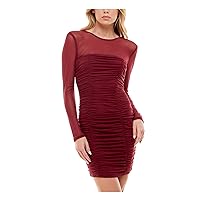 Speechless Womens Burgundy Ruched Sheer Lined Long Sleeve Round Neck Above The Knee Party Body Con Dress Juniors 15
