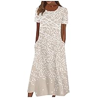 Summer Midi Short Sleeve Cover Up Ladie's Work Beautiful Crewneck with Pockets Loose Fitting Tunic Dress