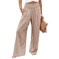 PrinStory Womens Summer Mix Cotton Linen Palazzo Pants High Waisted Wide Leg Long Lounge Trousers with Pocket