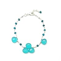 Natural Apatite Silver plated, 4-11x11mm Heart & Rondelle Faceted 7 inch Adjustable bracelet beaded bar bracelet jewelry for GF & Wife, Mother gift