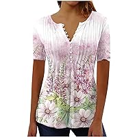 Womens Going Out Tops, Ladies Top Floral Print V-Neck Short Sleeve Button T-Shirt
