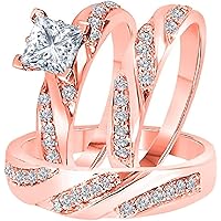 Thegoldencrafter 1.00 Carat Princess Cut Created Diamond 14K Rose Gold Over 925 Sterling Sliver Engagement Bridal Wedding Band Trio Ring Set for His & Her