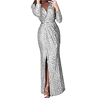 Women's Sexy Cocktail Long Dress Deep V Neck Long Sleeve Ruched Sparkly Bodycon Evening Club Mini Dresses