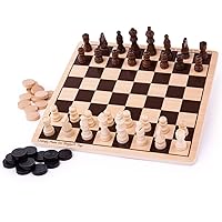 Bigjigs Toys Draughts and Chess Board Sets - 2 in 1 Wooden Chess Board & Checkers Game, 28cm x 28cm, Family Board Games
