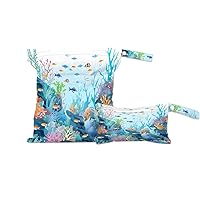 2 Set Ocean Theme Wet Dry Bags for Baby Cloth Diapers Waterproof Reusable Storage Bag for Travel,Beach,Pool,Daycare,Stroller,Gym,Laundry,Dirty Clothes,Swimsuits, Underwater World Fishes Coral Wet Bag