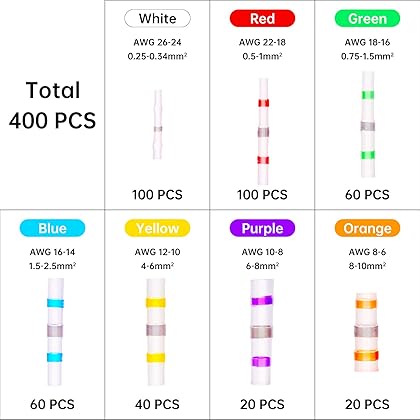 Amliber 400PCS Solder Seal Wire Connectors 26-6 Gauge, Heat Shrink Butt Connectors Solderstick Waterproof Wire Electrical Connector Kit for Marine Automotive Boat Truck Wire Joint