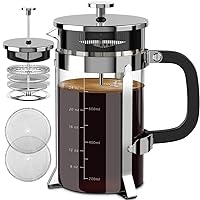 French Press Coffee Maker 34oz 304 Stainless Steel French Press with 4 Filter, Heat Resistant Durable, Easy to Clean, Borosilicate Glass Coffee Press, 100% BPA Free Glass Teapot, Silver
