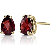 Peora 14K Yellow Gold Garnet Earrings for Women, Genuine Gemstone Solitaire Studs, 7x5mm Pear Shape, 1.75 Carats total, Friction Back