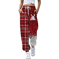 Sweatpants for Women Christmas Plaid Patchwork Print Drawstring High Waist Jogger Pants with Pockets Casual Lounge Trousers