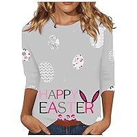 Happy Easter Shirts for Women 3/4 Sleeve Crewneck Pullover Cute 3D Graphic Tee Funny Egg Bunny Print Tops Tunic Tshirt Gifts