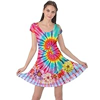 CowCow Womens Vintage Floral Colorful Tie Dye Cap Sleeve Short Sleeve Skater Dress, XS-5XL