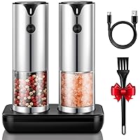 Rechargeable Electric Salt and Pepper Grinder Set - Extra Large 1/2 Cup Capacity with Base - Automatic Peppercorn & Sea Salt Mill Shaker Set with Adjustable Coarseness & LED Light