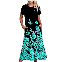 Women's Summer Casual Dress Short Sleeve Round Neck Party Dress with Pockets Loose Floral Boho Midi Long Sun Dress