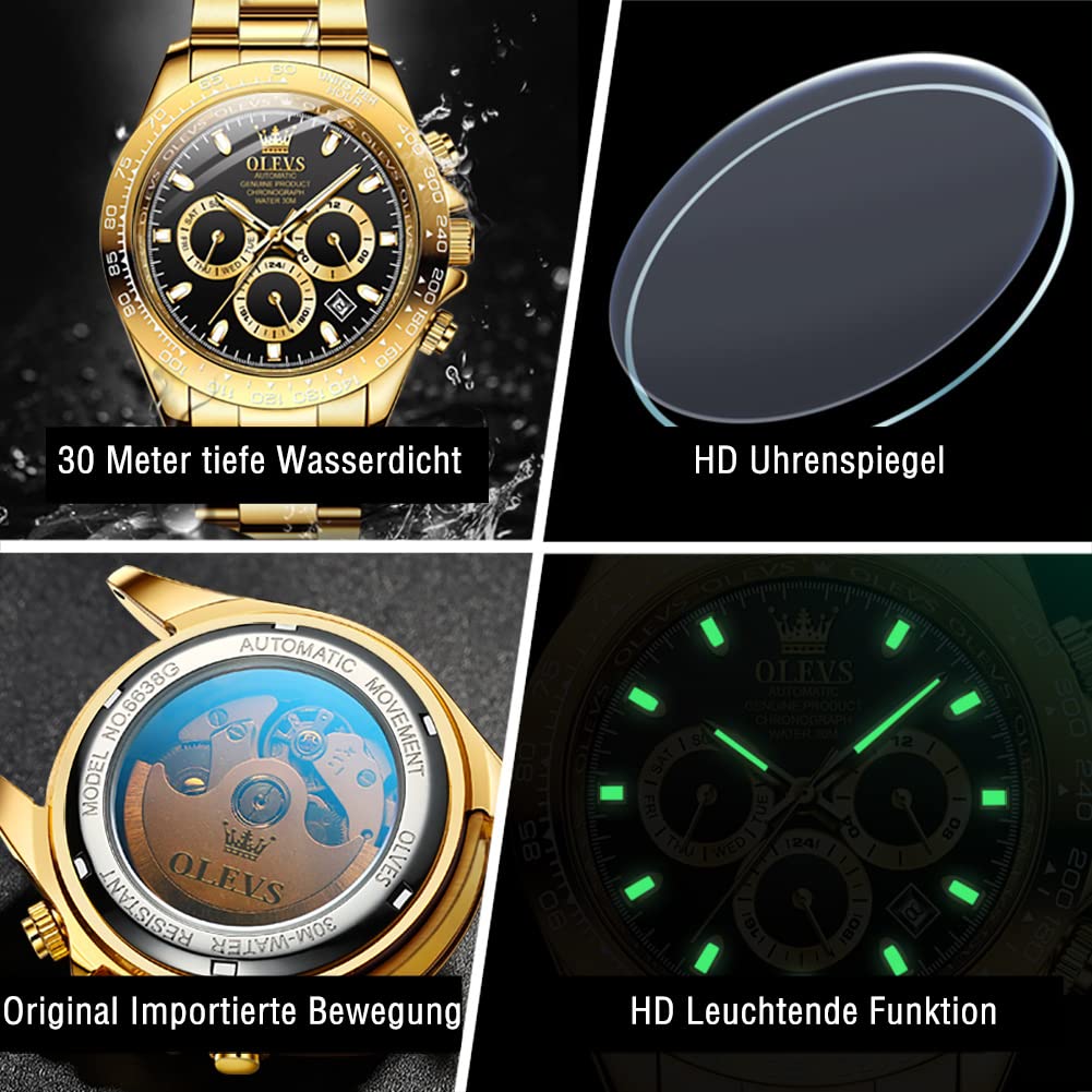 OLEVS Herrenuhren Automatik Mechanische Goldene Luxus Kleid Armbanduhr mit Tag Datum Wasserdicht Uhr