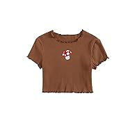 SOLY HUX Girl's Cartoon Embroidery Short Sleeve Tee Lettuce Trim Crop Top T Shirt