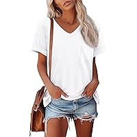 Womens Tops V Neck Curled Sleeves Solid Color Loose Fit Shirts 2024 Summer Fashion Basic Tunic Chest Pocket Blouse