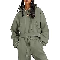 Flygo Womens Fleece 2 Piece Outfits Sweatsuit Crop Pullover Sweatshirt Joggers Pants Tracksuit Set(GreyGreen-M)