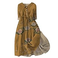 Women's Summer Maxi Dress 2024 Vintage Boho Maxi Dress Plus Size Loose Short Sleeve Button Up Long Maxi Dress with Pockets