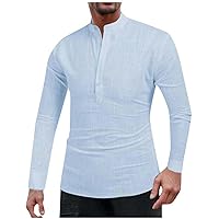 Soft Cotton Solid Mens Shirts Crewneck 4 Button Long Sleeve Tee Casual Lightweight Comfortable Summer Tops
