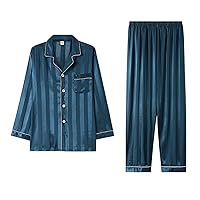 Men Silk Pajamas Set Classic Button-Down Long Sleeves Striped Sleepwear Set Soft Silky Casual Loungewear Sets