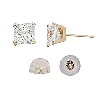 14K Yellow Gold 4-Prong Princess Cut Solitaire Stud & 14K Silicone Back