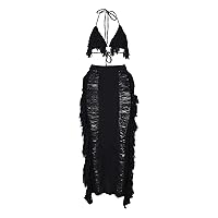 Suit with Skirt Women's Sexy Tassel Knitted Beach Dress Long Skirt Set